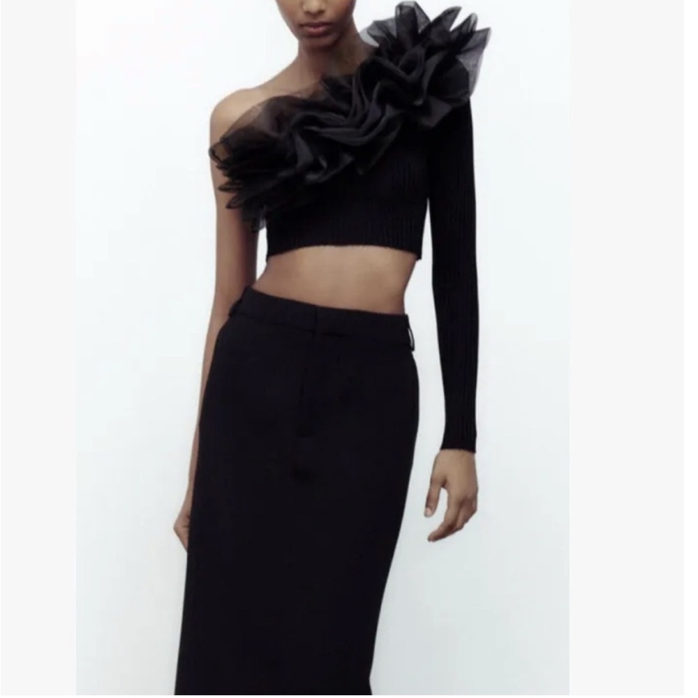 Zara Black One-Shoulder Ruffled Top